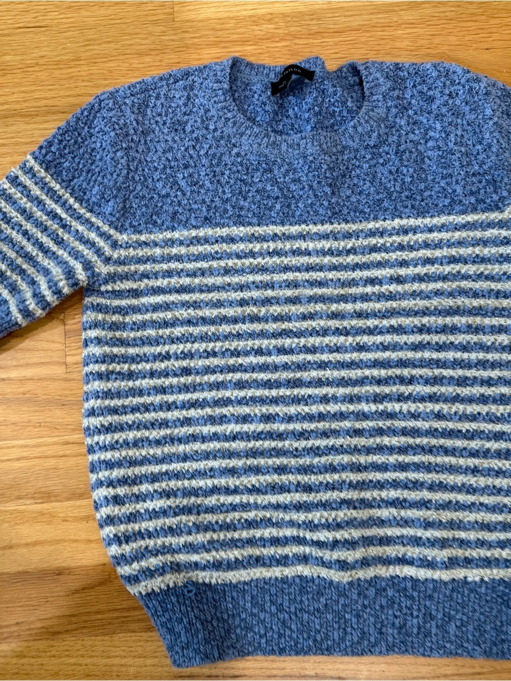 Ann Taylor Blue and Cream Striped Crewneck Sweater